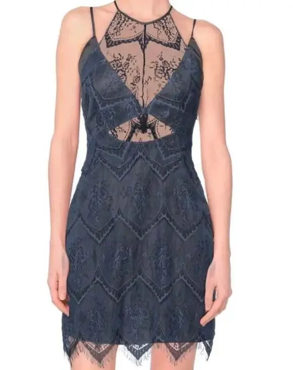 Free People Nothing Like This Lace Lace Mini Dress in Slate Blue Size 8 - Picture 2 of 7
